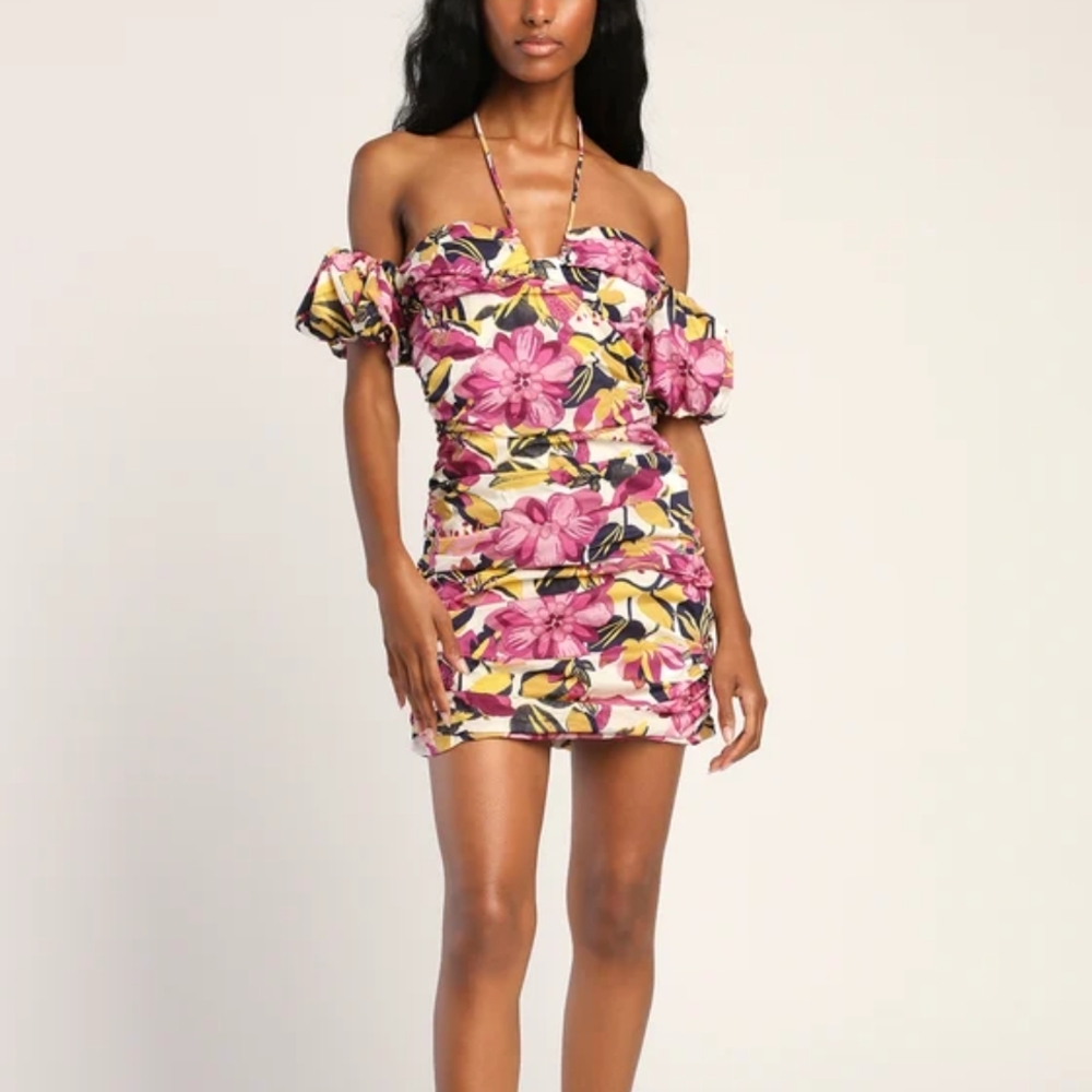 Multicolored Ruffled Off-Shoulder Mini Dress